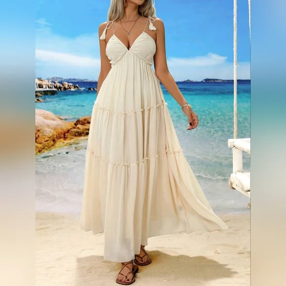 New Boho Tassel Tie Ruched Cami Tiered Maxi Dress Cream Ivory Beige - Picture 2 of 9